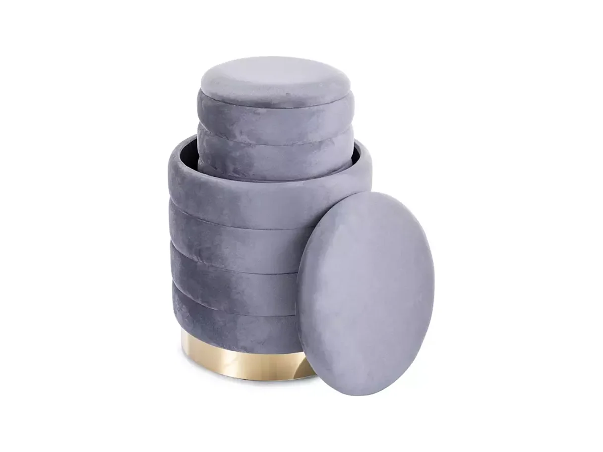 Pouf en velours gris avec rangement et base dorée, deux tailles emboîtables SOULIER