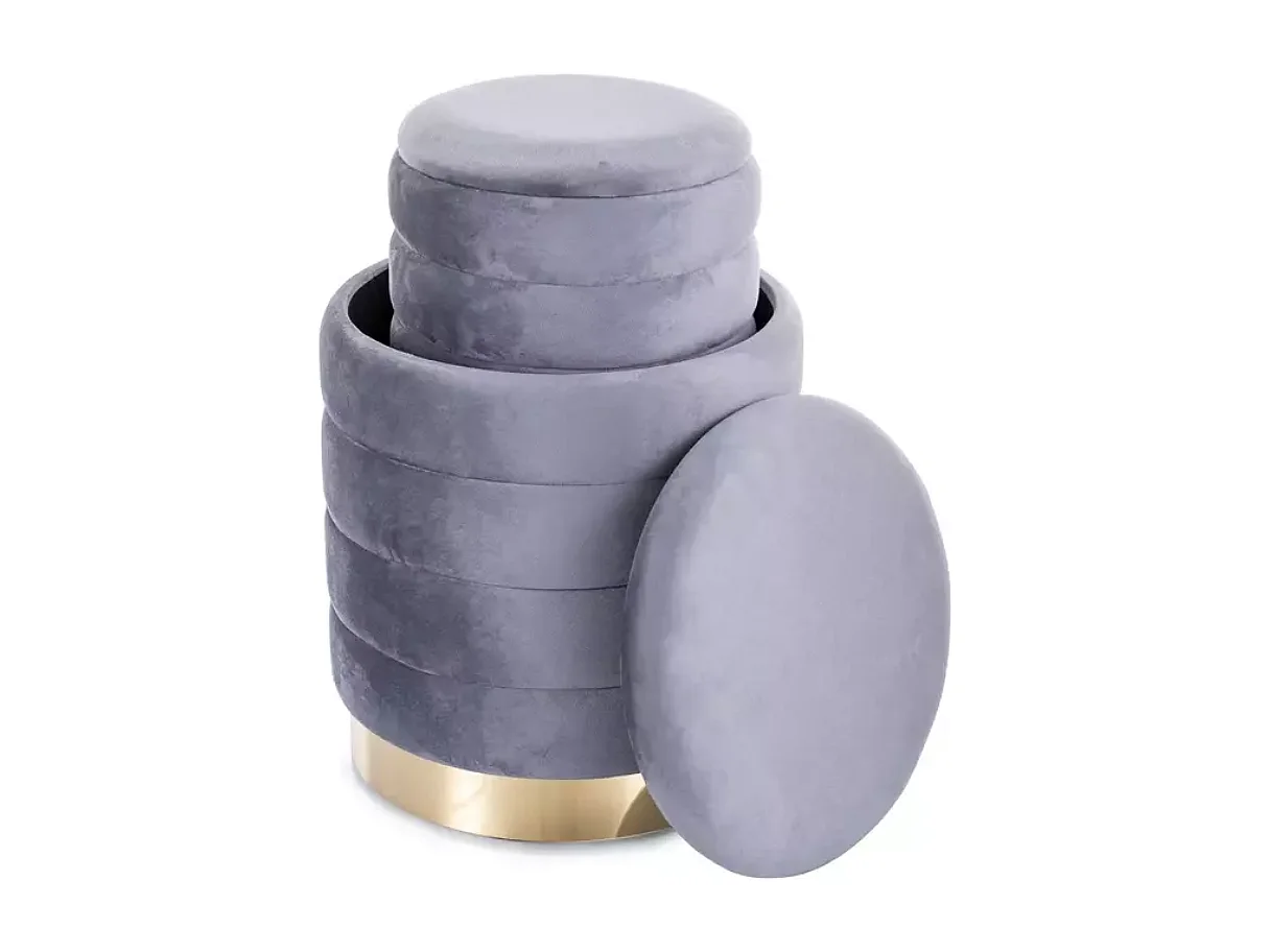 Pouf en velours gris avec rangement et base dorée, deux tailles emboîtables SOULIER