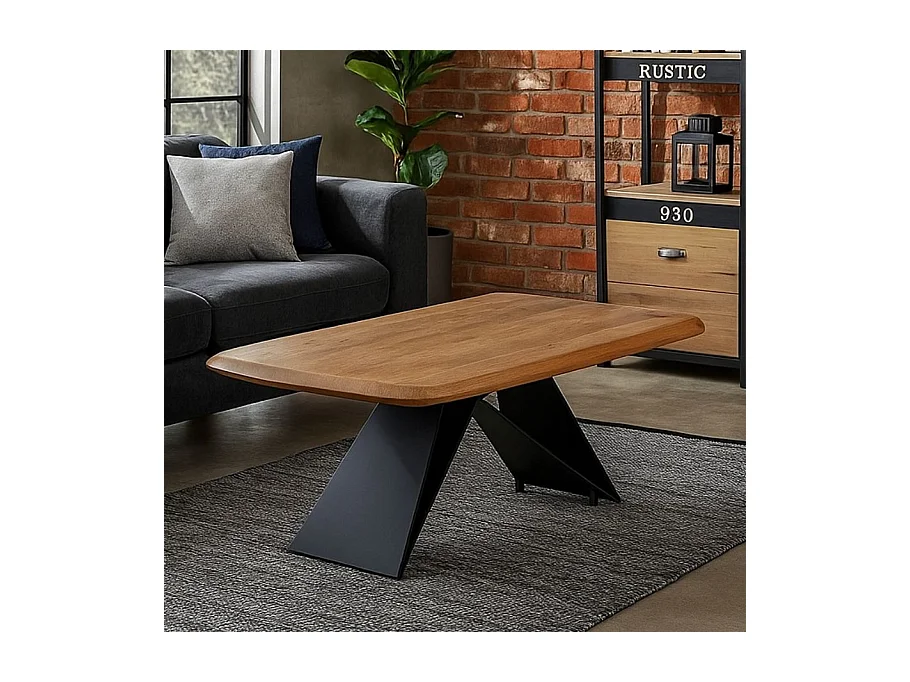 Table basse acacia massif 110 x 60 cm pied X métal noir HIMERA