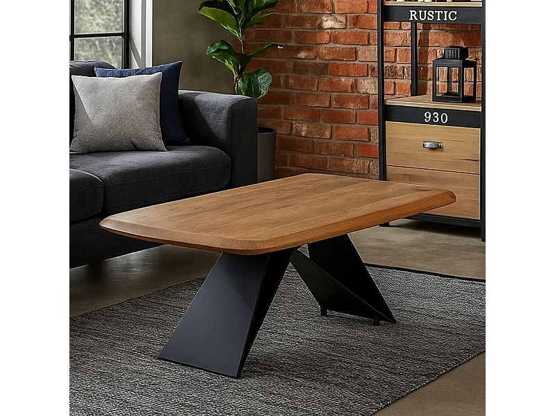 Table basse acacia massif 110 x 60 cm pied X métal noir HIMERA