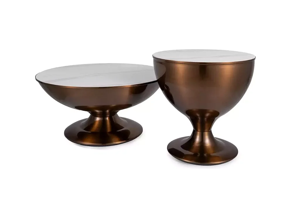 Ensemble de deux petites tables d'appoint rondes en métal effet marbre blanc et cuivre hauteur 38 cm LUNEL