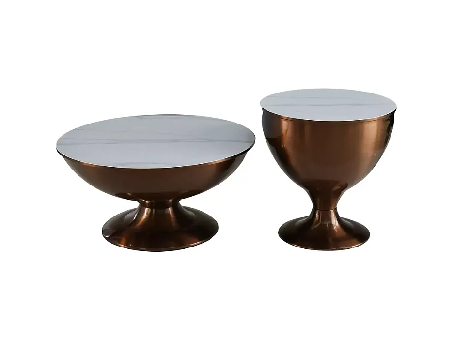Ensemble de deux petites tables d'appoint rondes en métal effet marbre blanc et cuivre hauteur 38 cm LUNEL