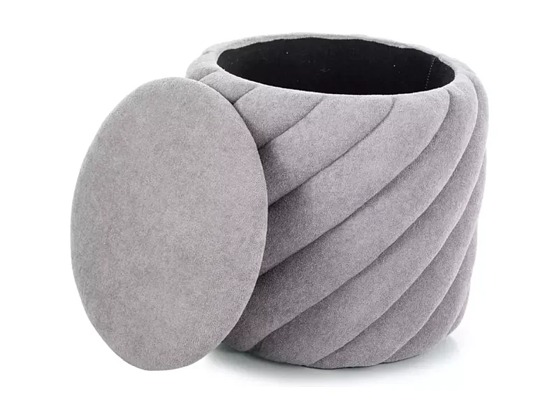 Pouf rond en tissu gris avec rangement intérieur et effet spirale SORARO
