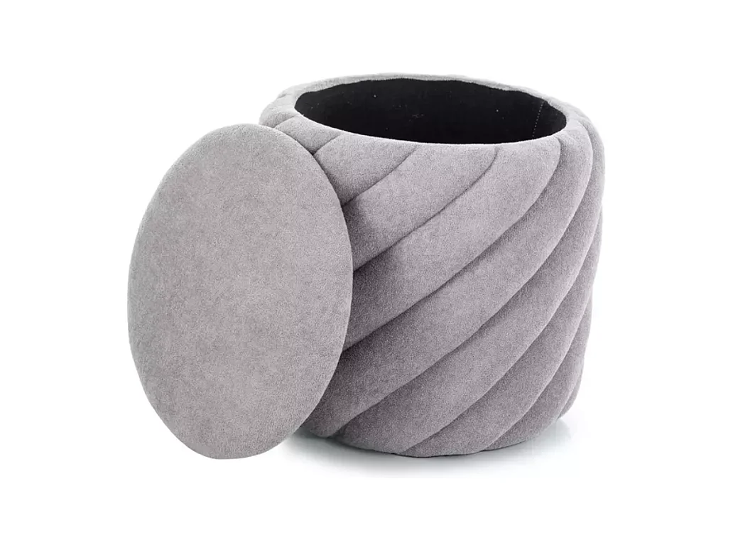 Pouf rond en tissu gris avec rangement intérieur et effet spirale SORARO