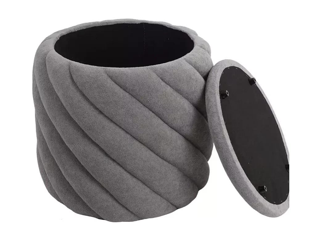 Pouf rond en tissu gris avec rangement intérieur et effet spirale SORARO
