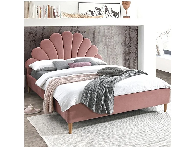 Cama de concha de terciopelo rosa Sohan 160 x 200 cm