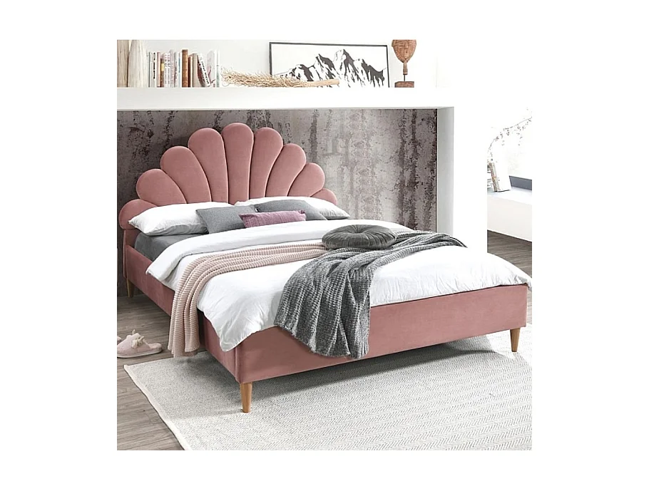 Cama de concha de terciopelo rosa Sohan 160 x 200 cm