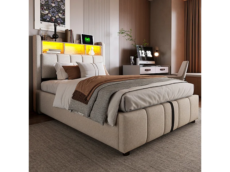 Einzelbett für Kinder 90 x 200 cm, mit LED-Beleuchtung und USB-Anschluss, beige, Leinen