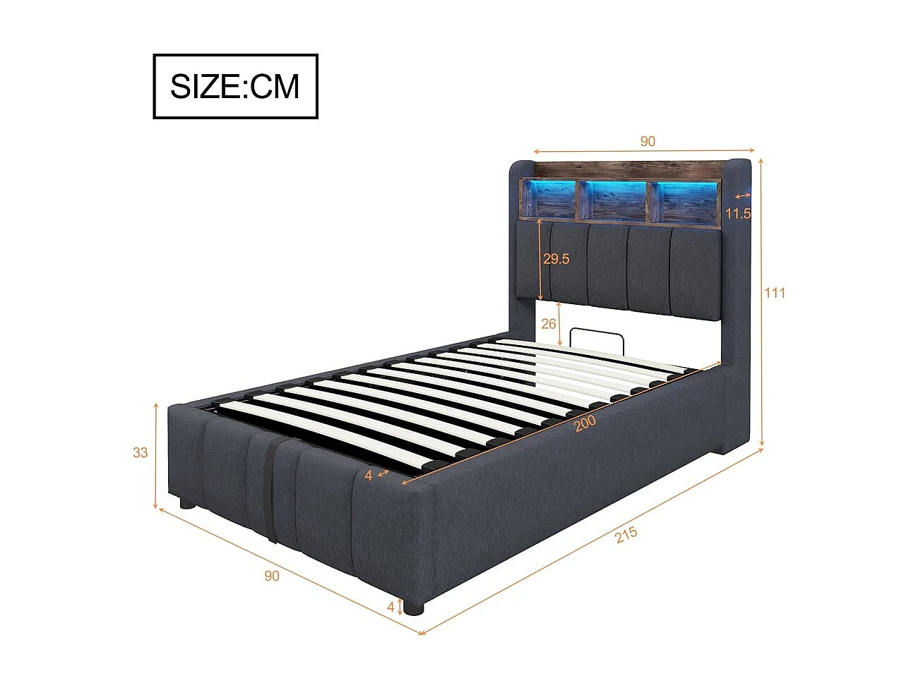 Cama individual para niño 90 x 200 cm, con iluminación LED y puerto USB, gris lino