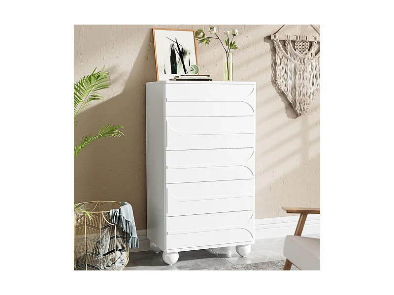 Commode avec 5 tiroirs - Design de relief - Corners arrondis - pieds métal - Panneau de particule + MDF - 60×40×109cm