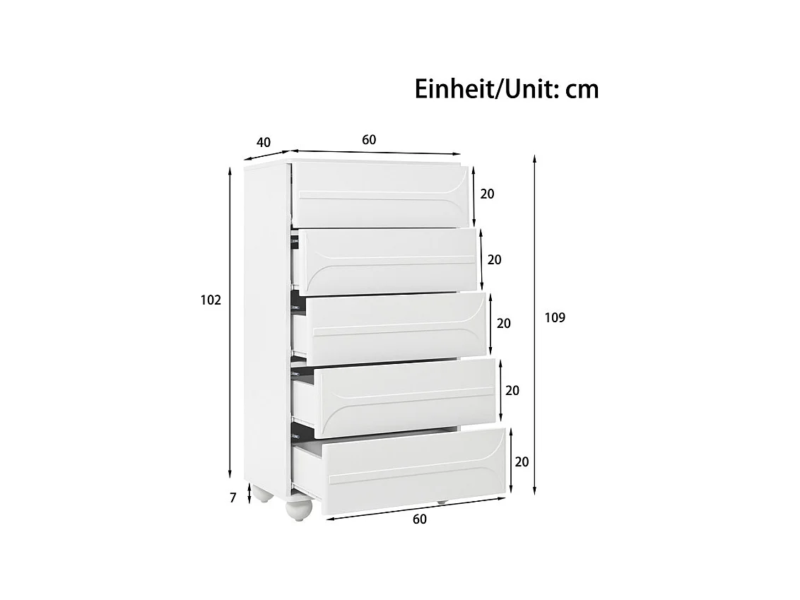 Commode avec 5 tiroirs - Design de relief - Corners arrondis - pieds métal - Panneau de particule + MDF - 60×40×109cm