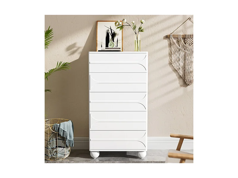 Commode avec 5 tiroirs - Design de relief - Corners arrondis - pieds métal - Panneau de particule + MDF - 60×40×109cm