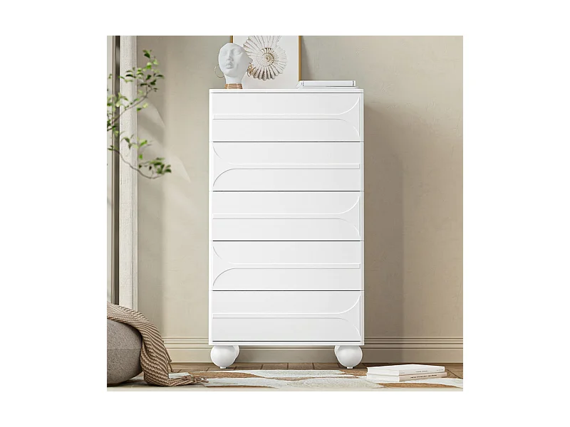 Commode avec 5 tiroirs - Design de relief - Corners arrondis - pieds métal - Panneau de particule + MDF - 60×40×109cm