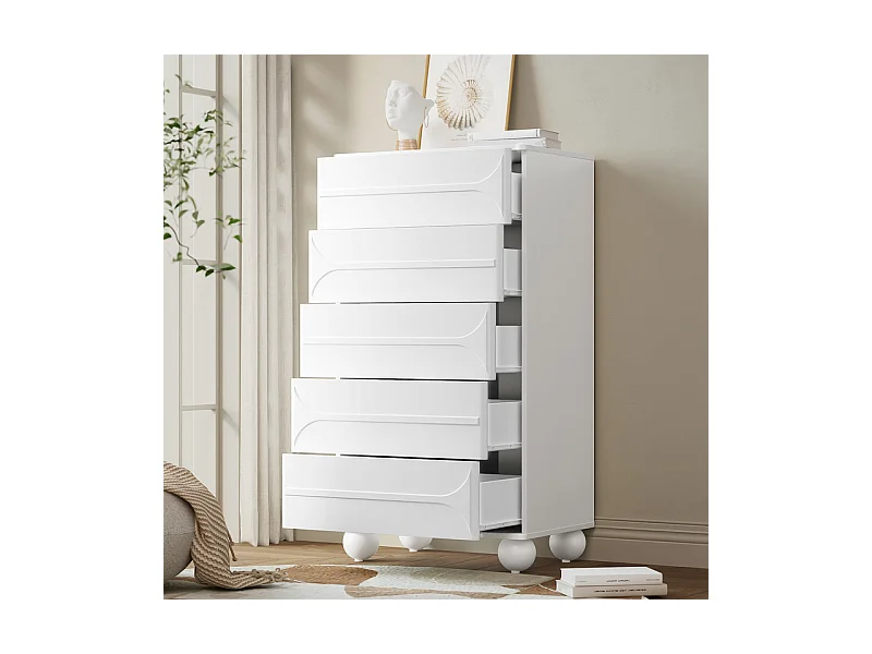 Commode avec 5 tiroirs - Design de relief - Corners arrondis - pieds métal - Panneau de particule + MDF - 60×40×109cm