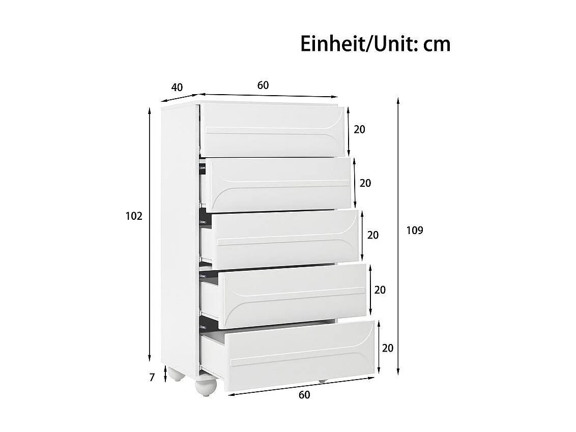 Kommode mit 5 Schubladen - Relief-Design - Abgerundete Ecken - Metallfüße - Spanplatte + MDF - 60×40×109 cm