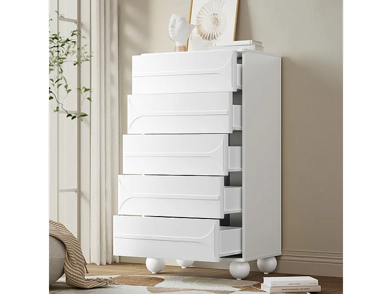 Kommode mit 5 Schubladen - Relief-Design - Abgerundete Ecken - Metallfüße - Spanplatte + MDF - 60×40×109 cm