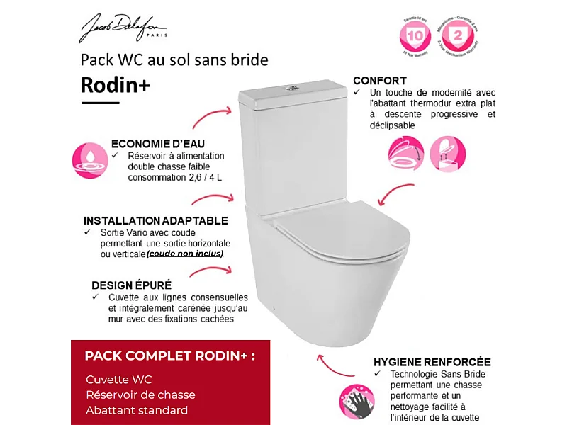 WC à poser sans bride sortie universelle JACOB DELAFON Rodin+ avec abattant frein de chute + nettoyant