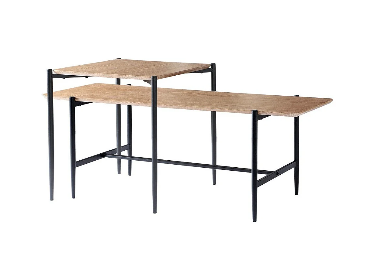 Lot de 2 tables basses gigognes décor chêne pieds métal noir - JESSIE