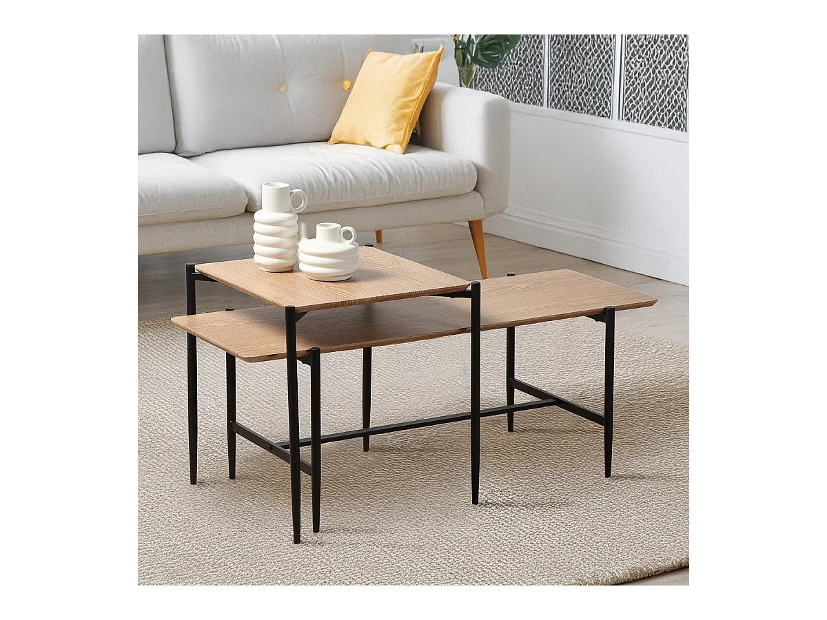 Lot de 2 tables basses gigognes décor chêne pieds métal noir - JESSIE