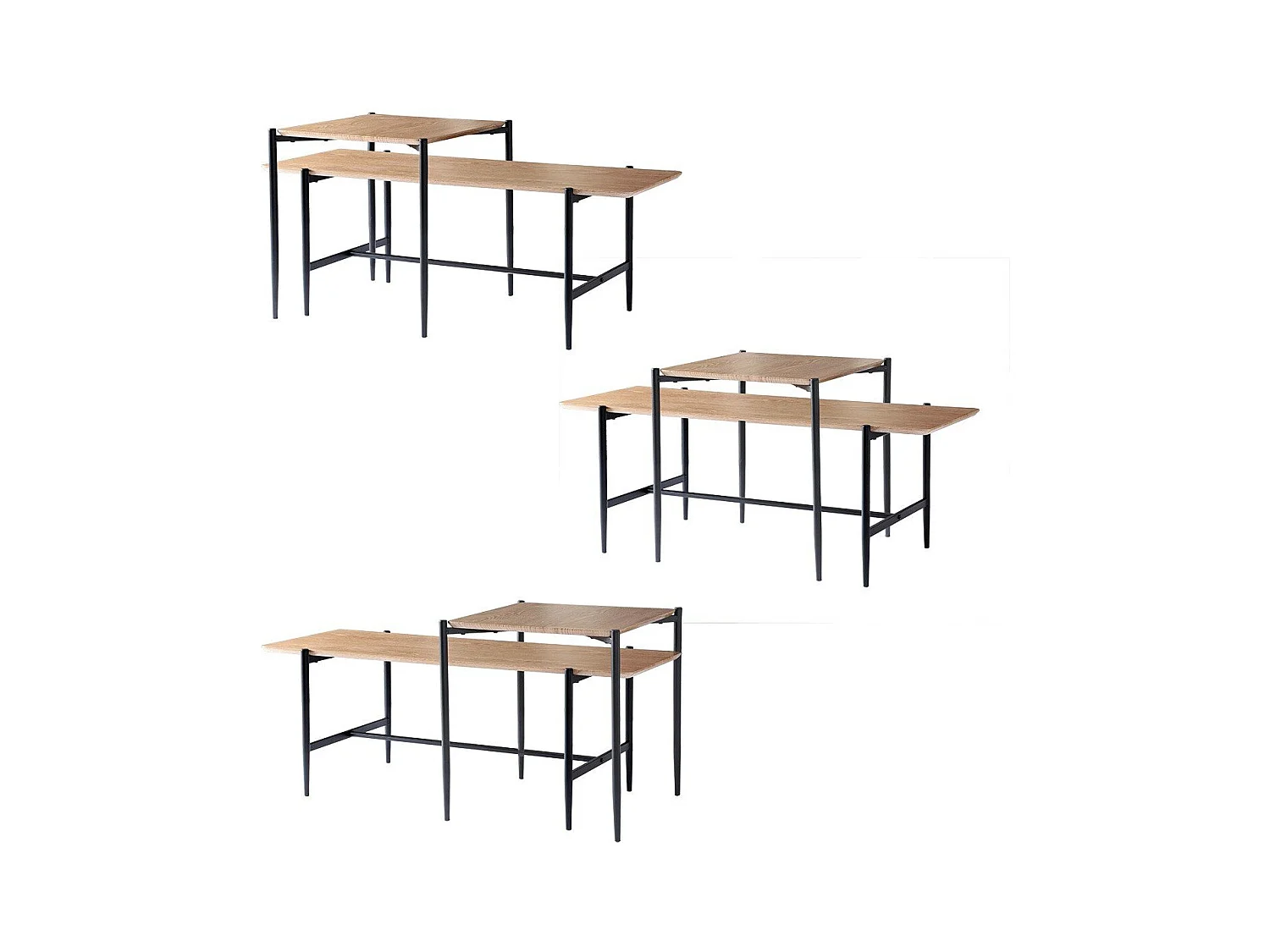 Lot de 2 tables basses gigognes décor chêne pieds métal noir - JESSIE