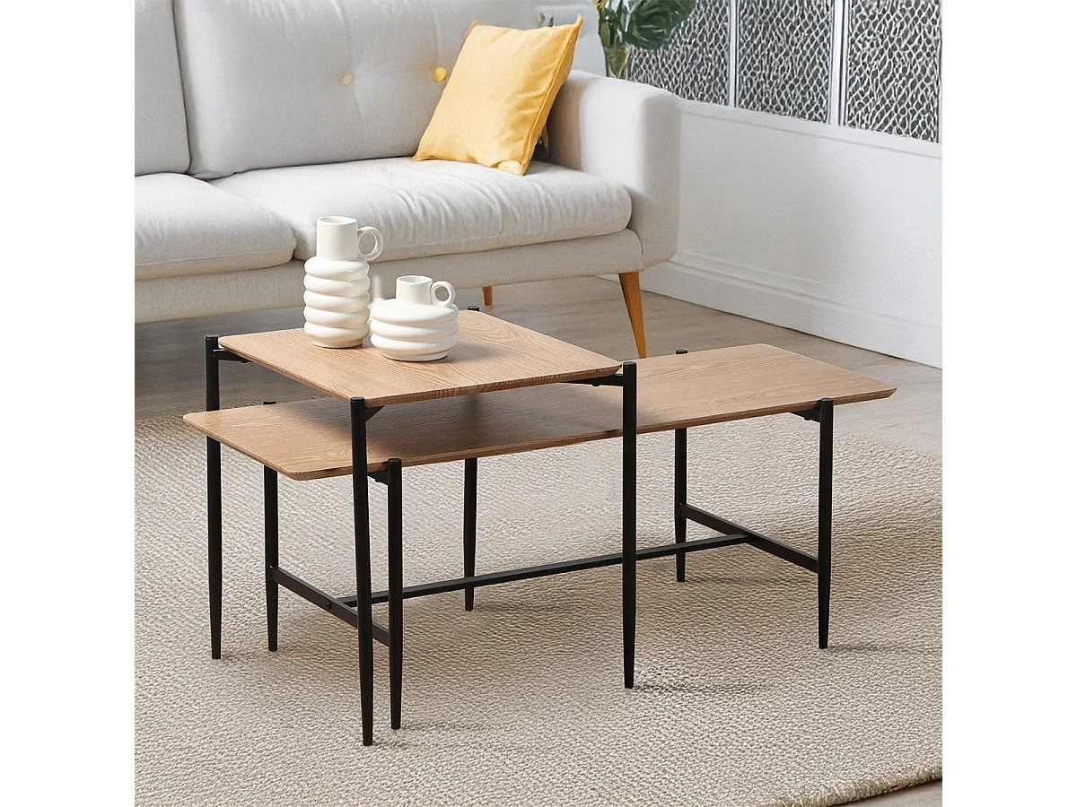 Lot de 2 tables basses gigognes décor chêne pieds métal noir - JESSIE