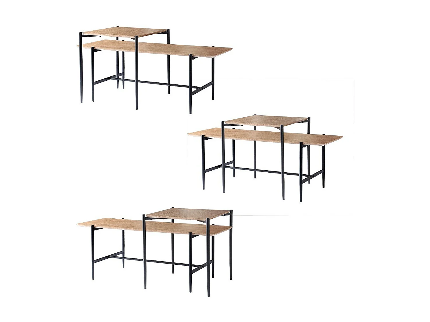 Lot de 2 tables basses gigognes décor chêne pieds métal noir - JESSIE