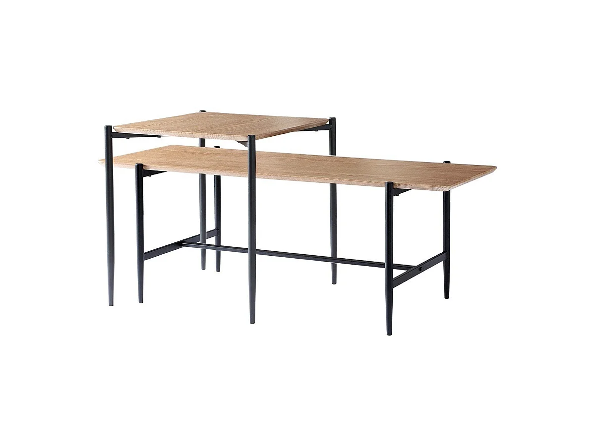 Lot de 2 tables basses gigognes décor chêne pieds métal noir - JESSIE
