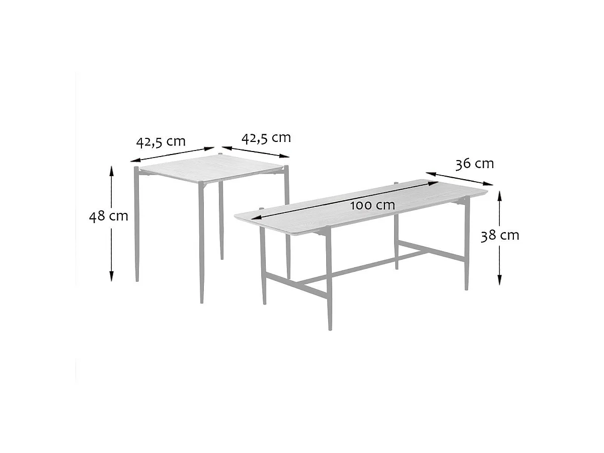 Lot de 2 tables basses gigognes décor chêne pieds métal noir - JESSIE
