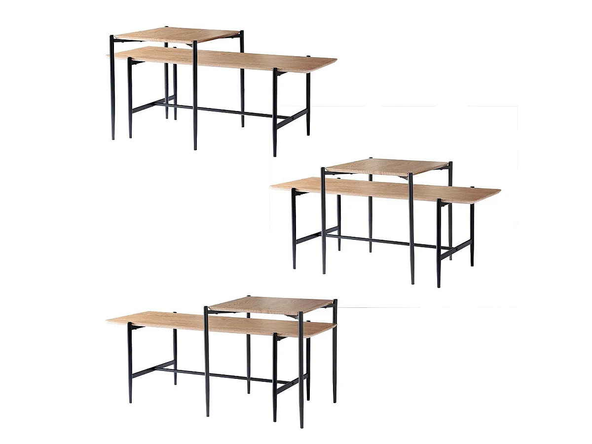 Lot de 2 tables basses gigognes décor chêne pieds métal noir - JESSIE