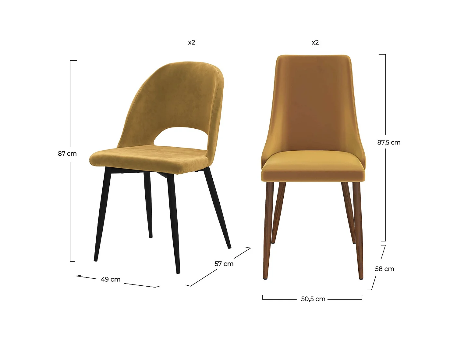 Pack 4 chaises en velours jaune - Pénélope