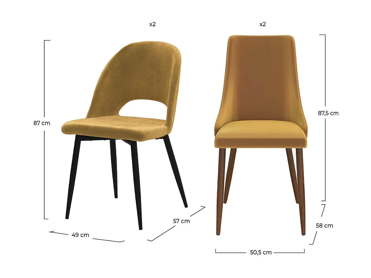 Pack 4 chaises en velours jaune - Pénélope