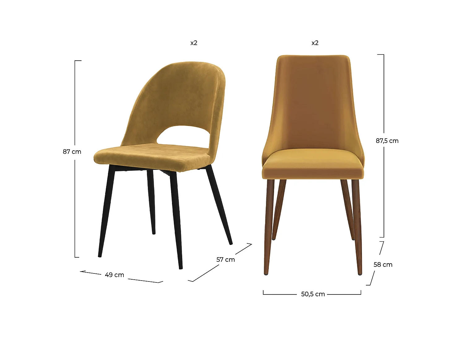 Pack de 4 sillas de terciopelo amarillo - Pénélope