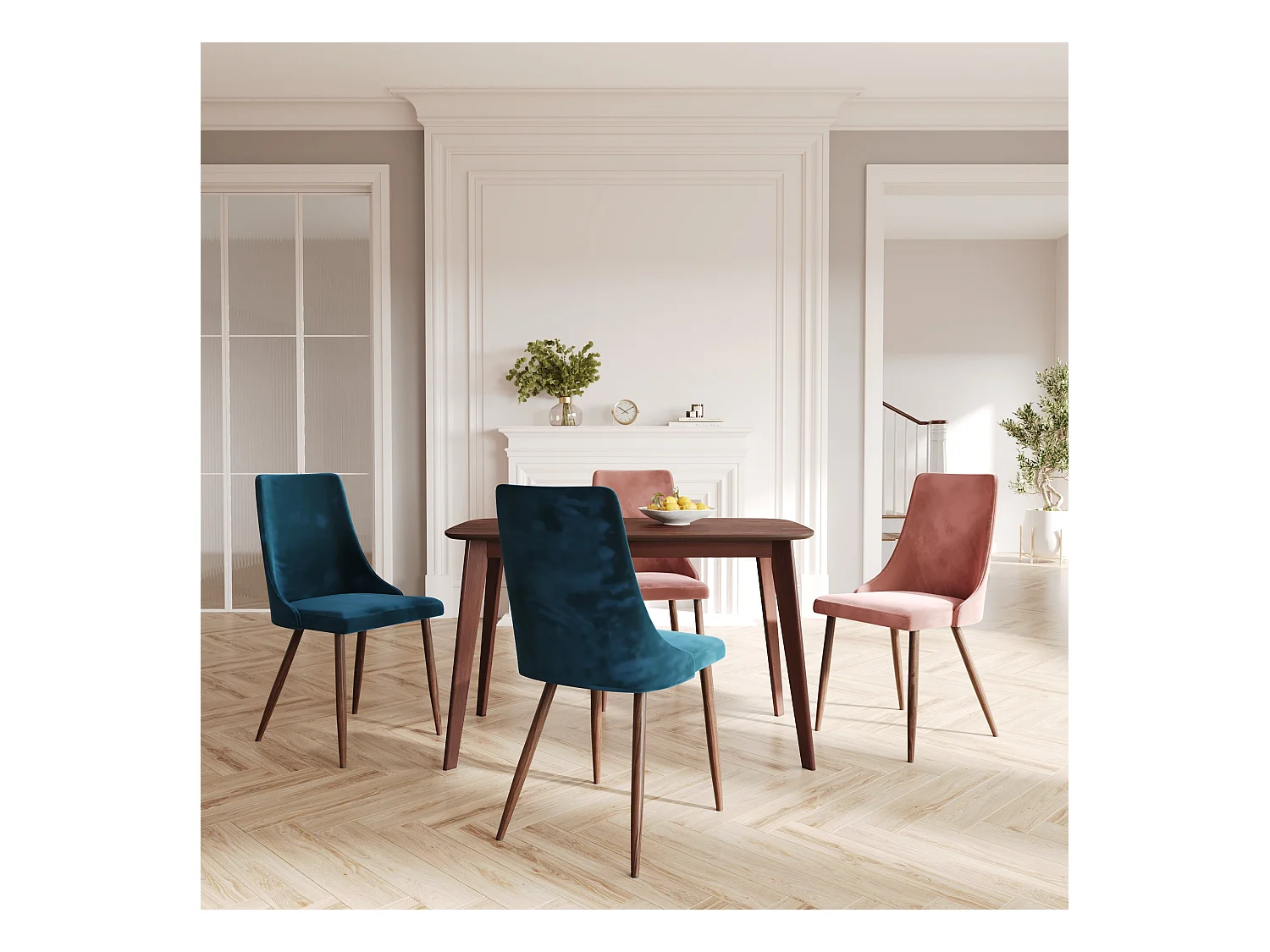 Pack 4 chaises en velours bleu et rose - Vinni