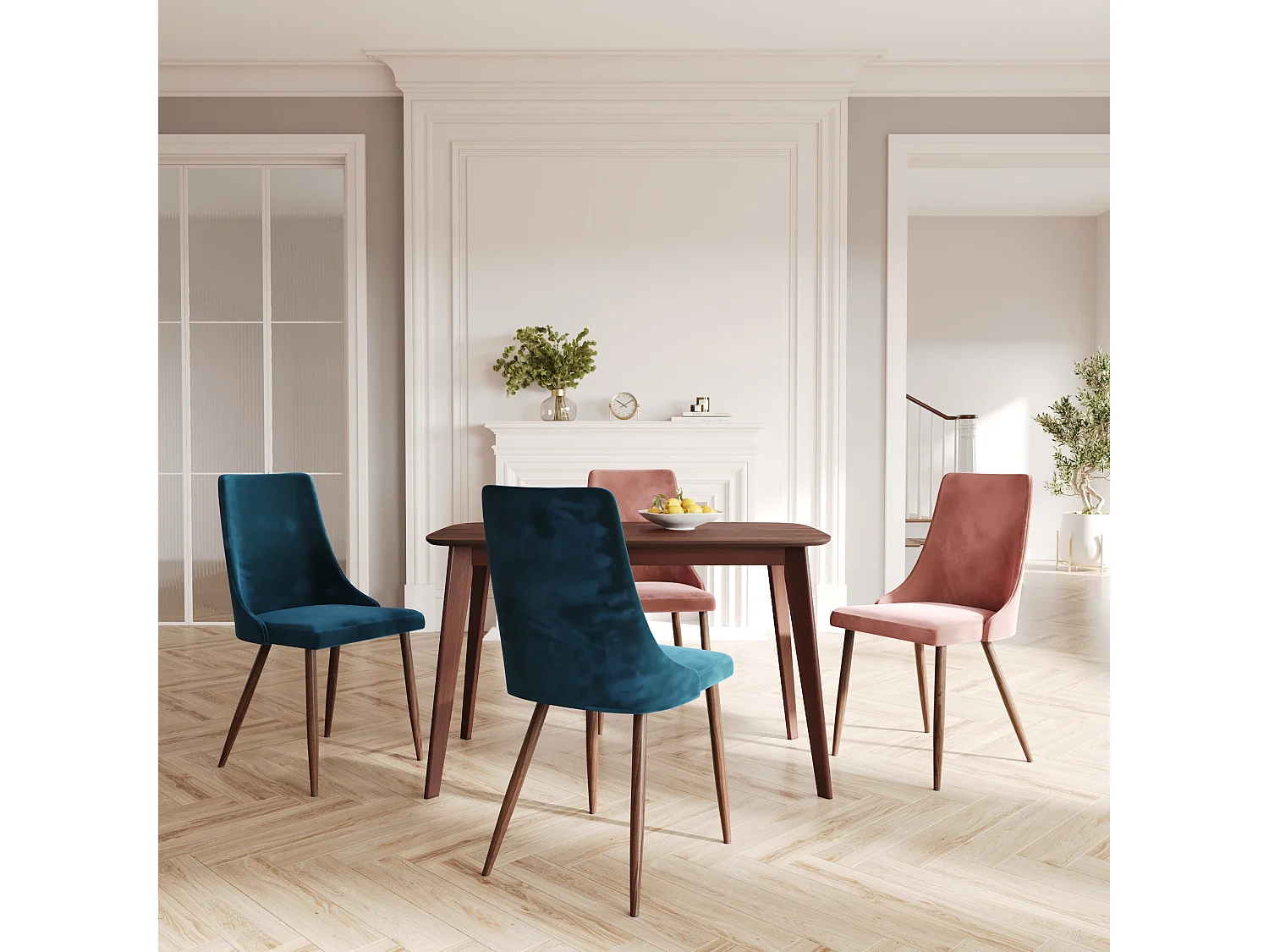 Pack 4 chaises en velours bleu et rose - Vinni