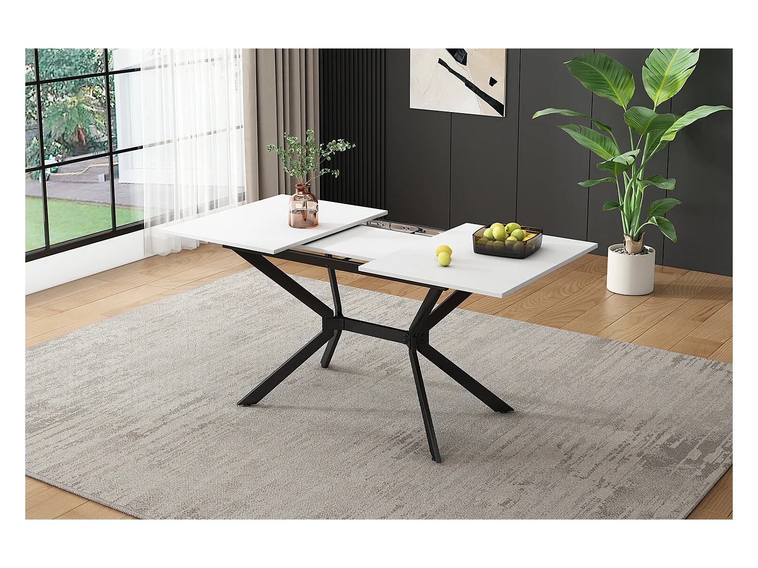 URBAN MEUBLE Table de salle à manger rectangulaire extensible blanche pieds noirs 120-160*80cm