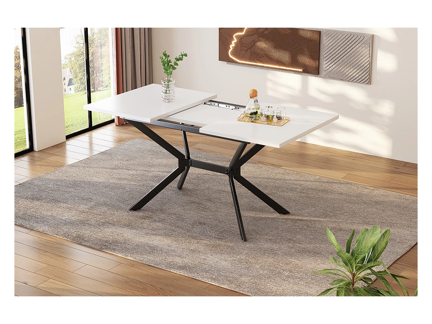 URBAN MEUBLE Table de salle à manger rectangulaire extensible blanche pieds noirs 120-160*80cm
