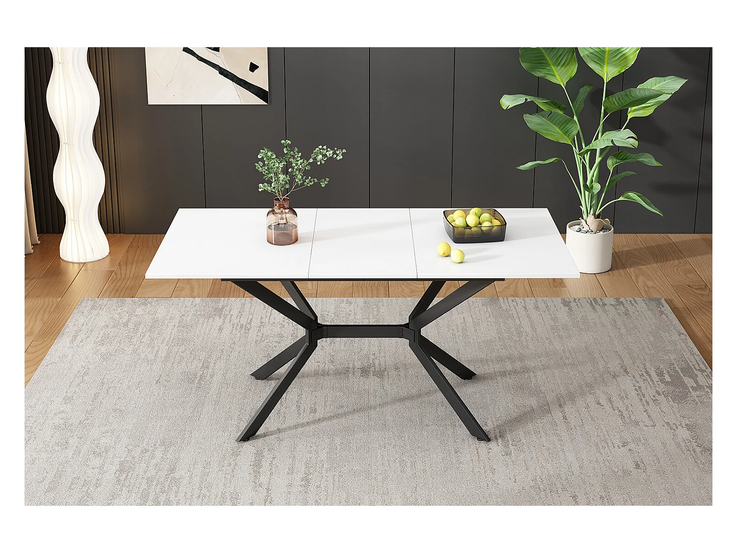 URBAN MEUBLE Table de salle à manger rectangulaire extensible blanche pieds noirs 120-160*80cm