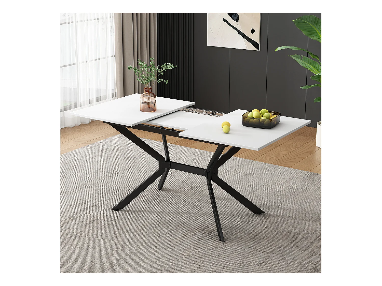 URBAN MEUBLE Table de salle à manger rectangulaire extensible blanche pieds noirs 120-160*80cm