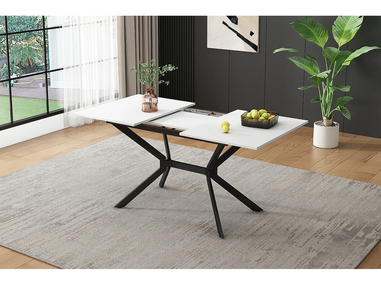 URBAN MEUBLE Table de salle à manger rectangulaire extensible blanche pieds noirs 120-160*80cm