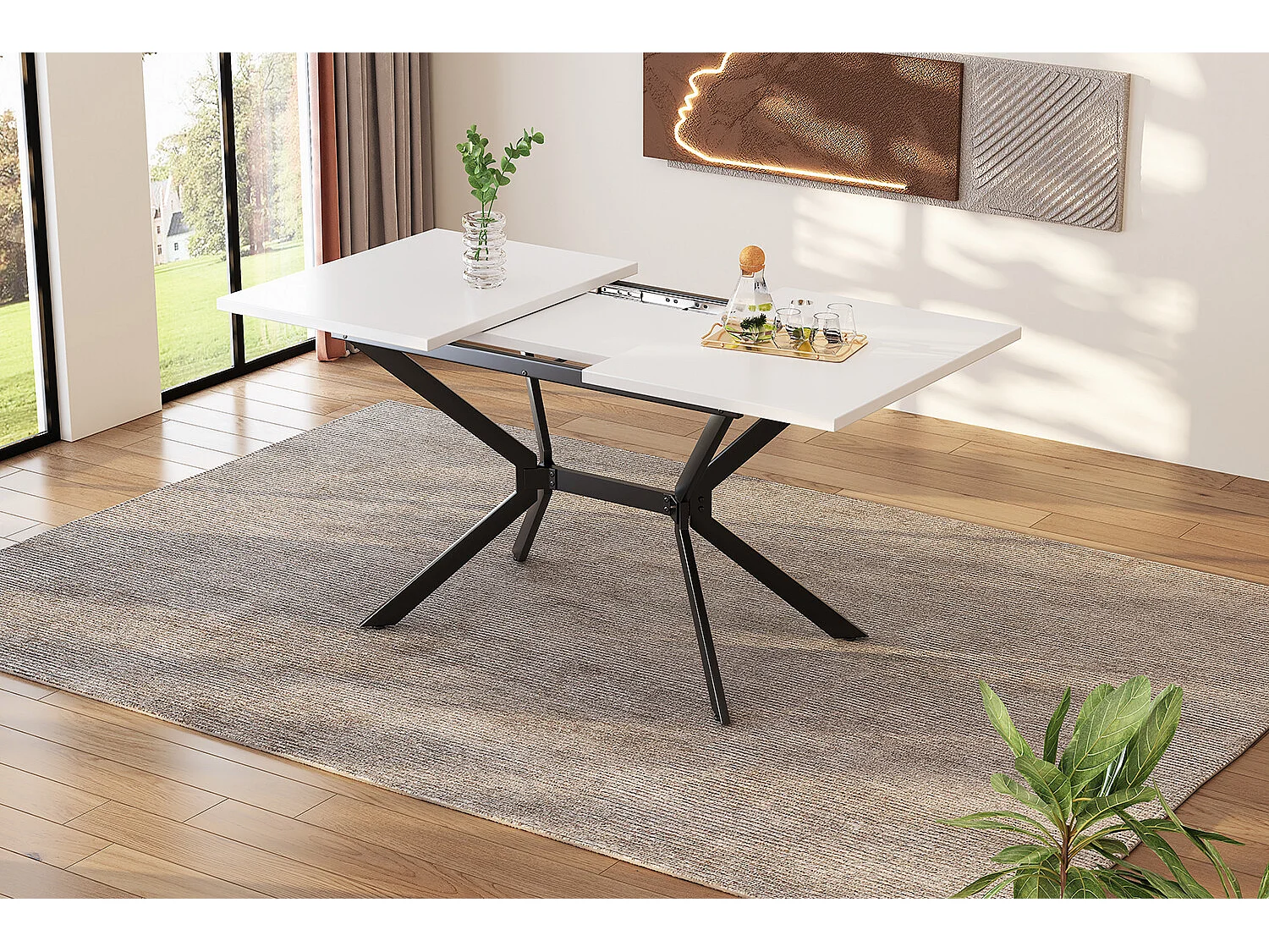 URBAN MEUBLE Table de salle à manger rectangulaire extensible blanche pieds noirs 120-160*80cm