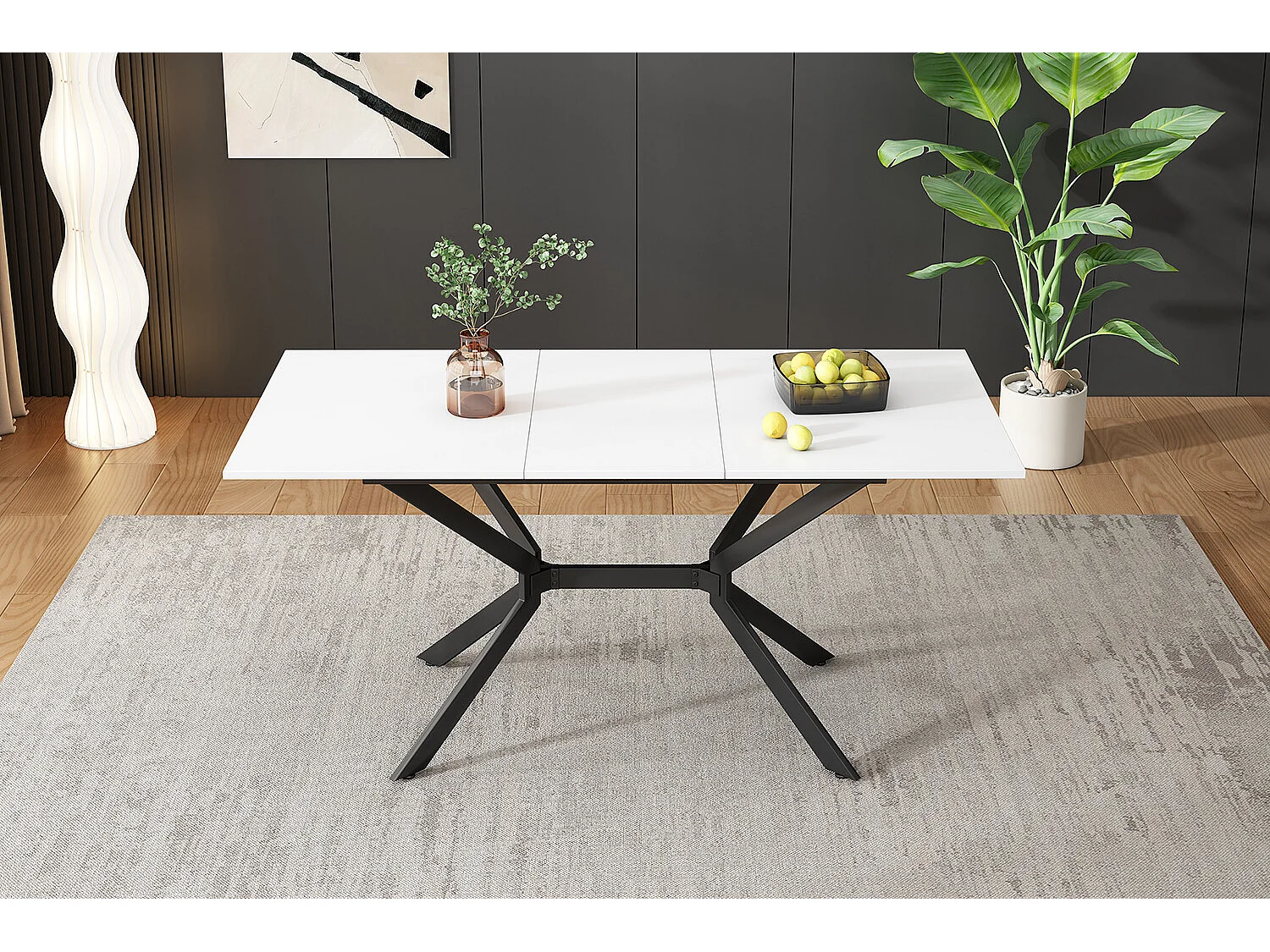 URBAN MEUBLE Table de salle à manger rectangulaire extensible blanche pieds noirs 120-160*80cm