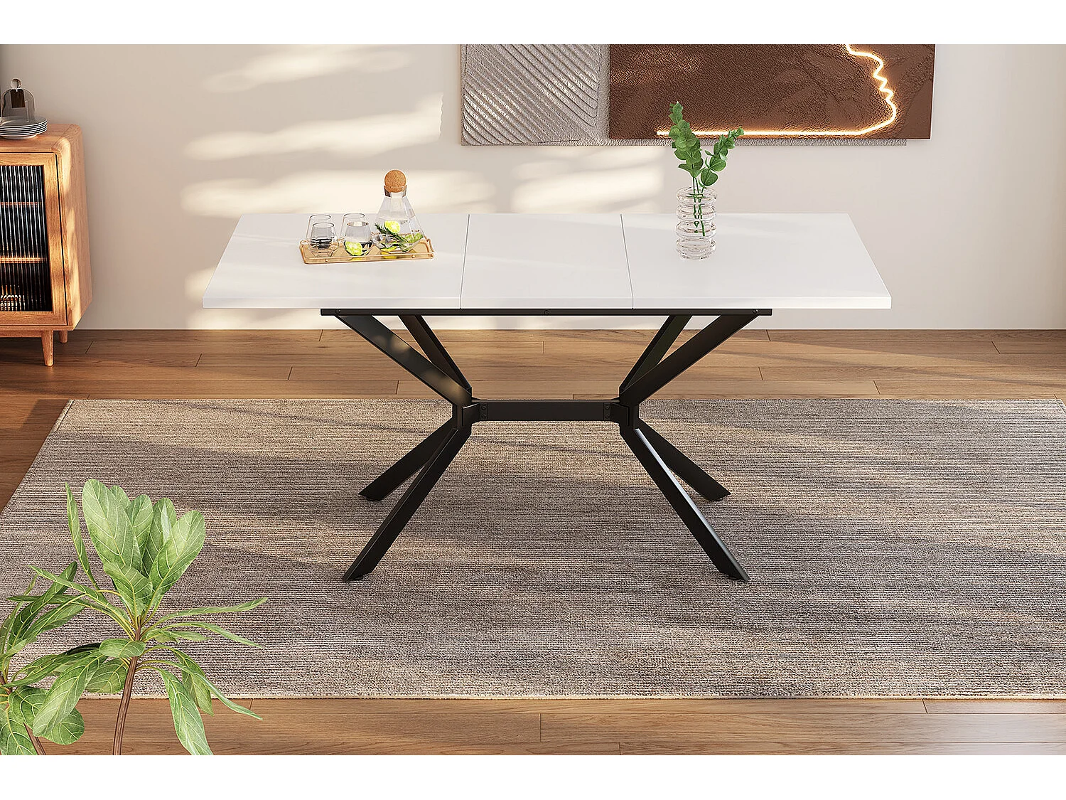 URBAN MEUBLE Table de salle à manger rectangulaire extensible blanche pieds noirs 120-160*80cm