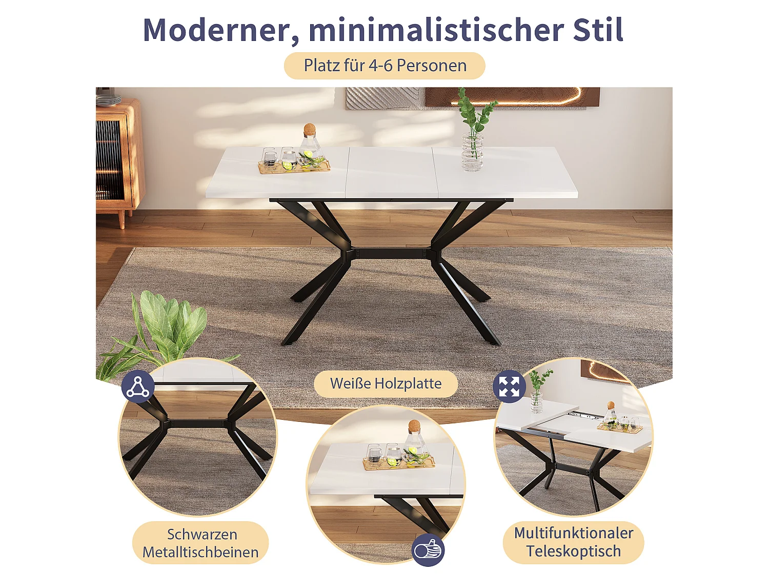 URBAN MEUBLE Table de salle à manger rectangulaire extensible blanche pieds noirs 120-160*80cm