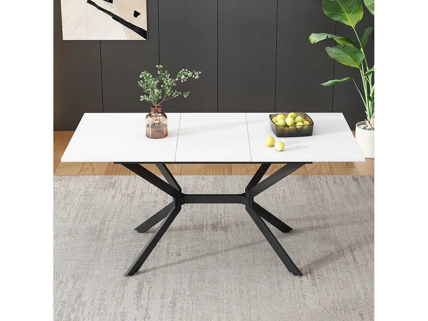 URBAN MEUBLE Table de salle à manger rectangulaire extensible blanche pieds noirs 120-160*80cm