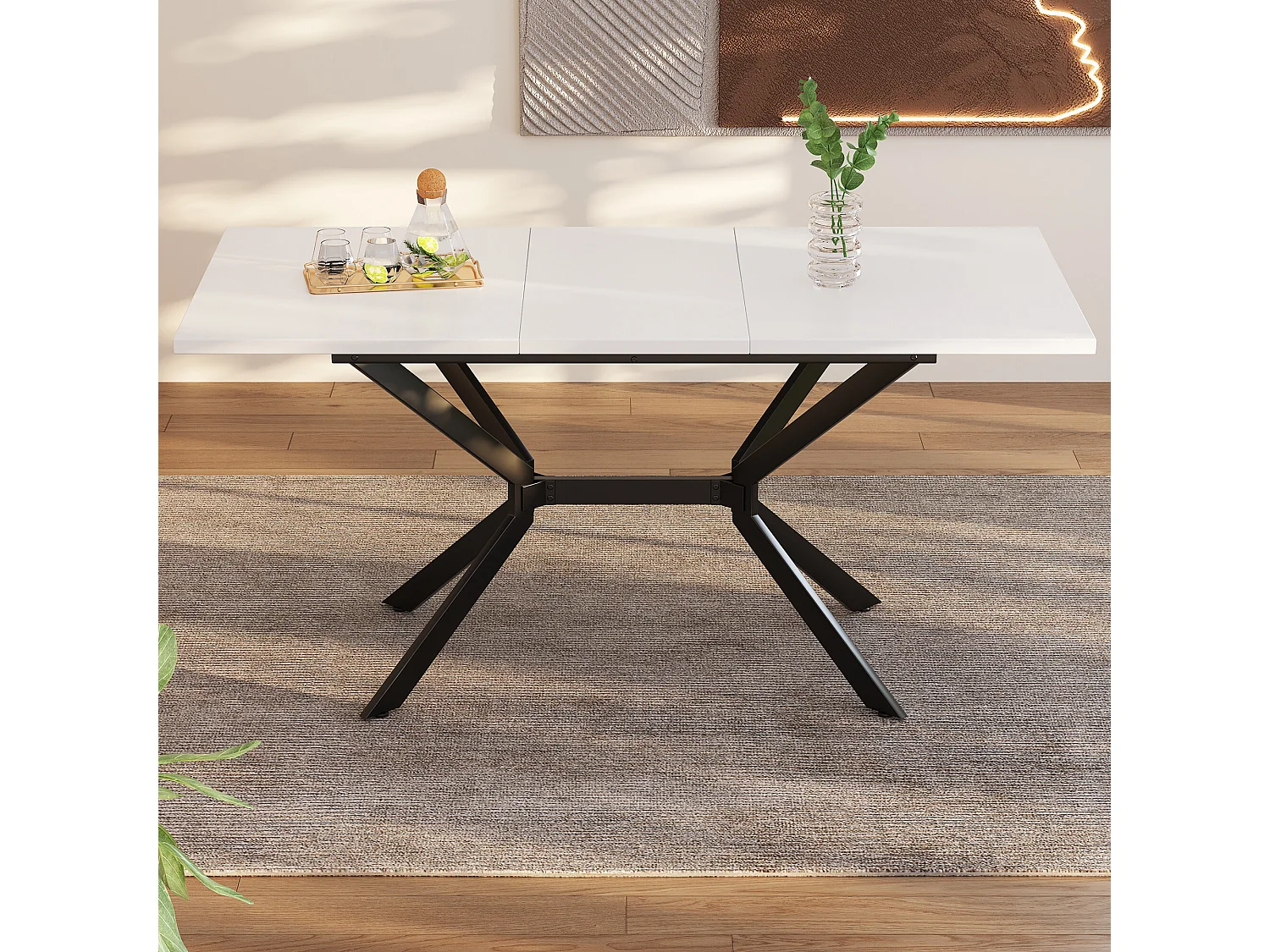 URBAN MEUBLE Table de salle à manger rectangulaire extensible blanche pieds noirs 120-160*80cm