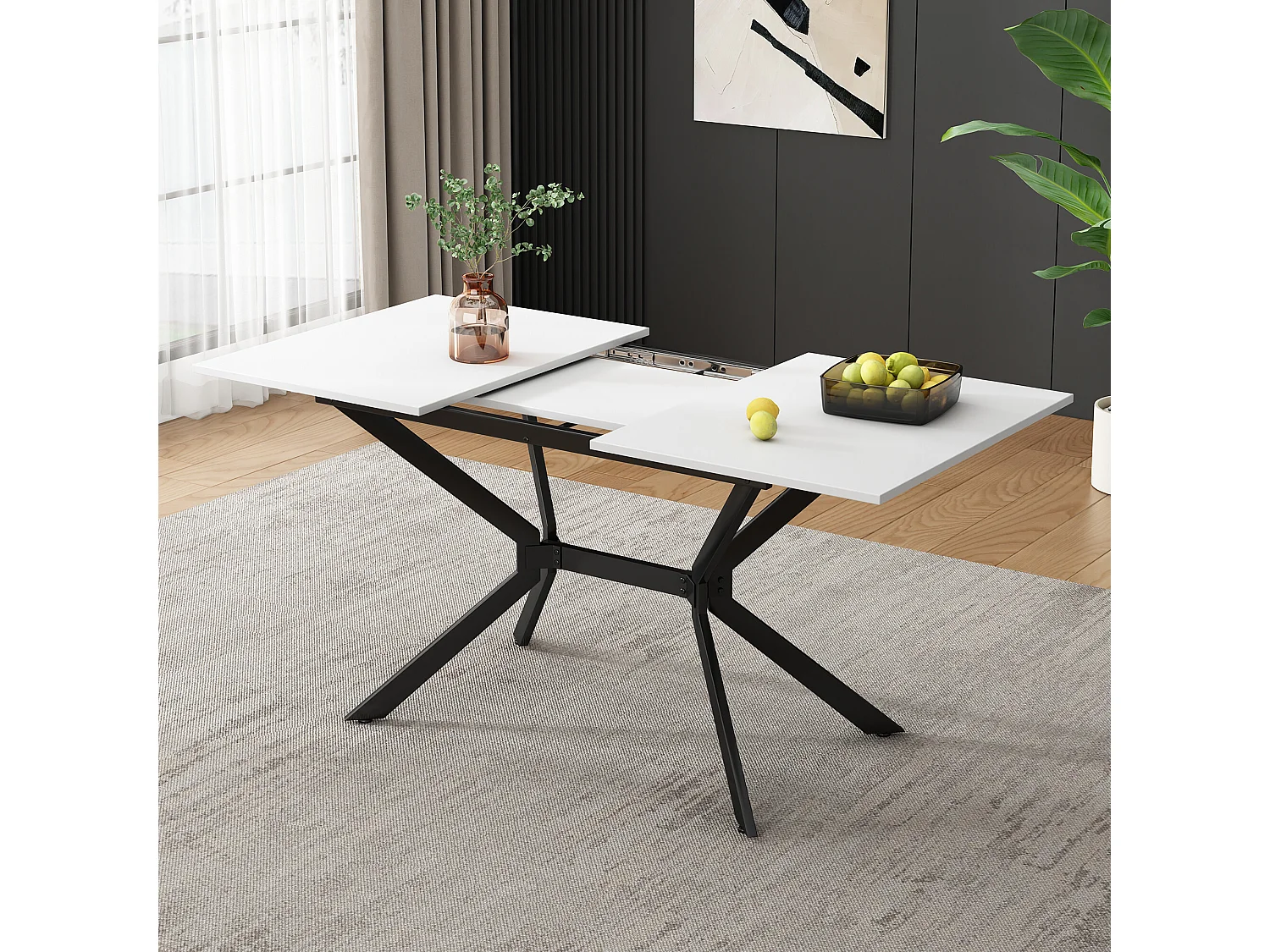 URBAN MEUBLE Table de salle à manger rectangulaire extensible blanche pieds noirs 120-160*80cm
