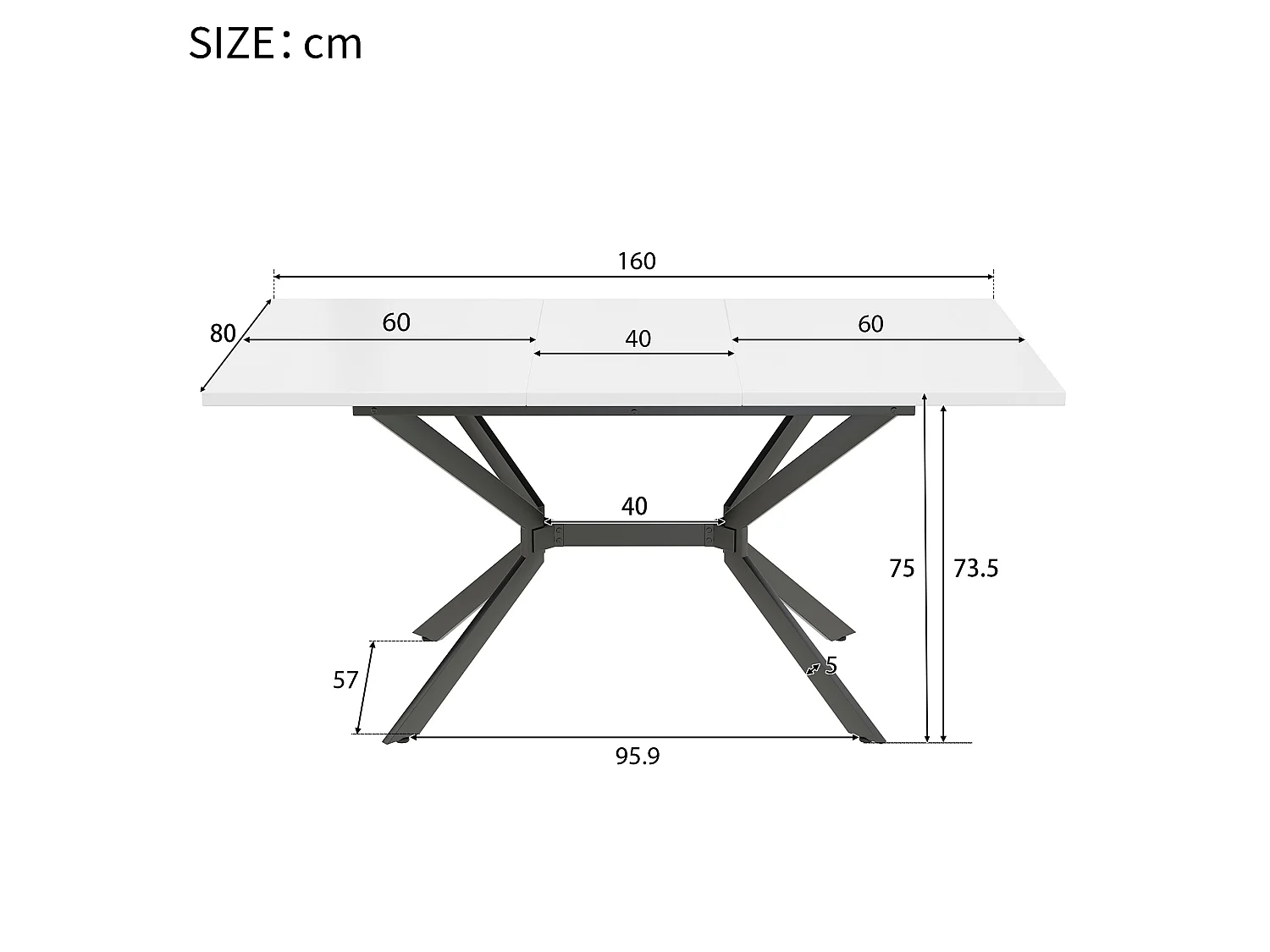 URBAN MEUBLE Table de salle à manger rectangulaire extensible blanche pieds noirs 120-160*80cm