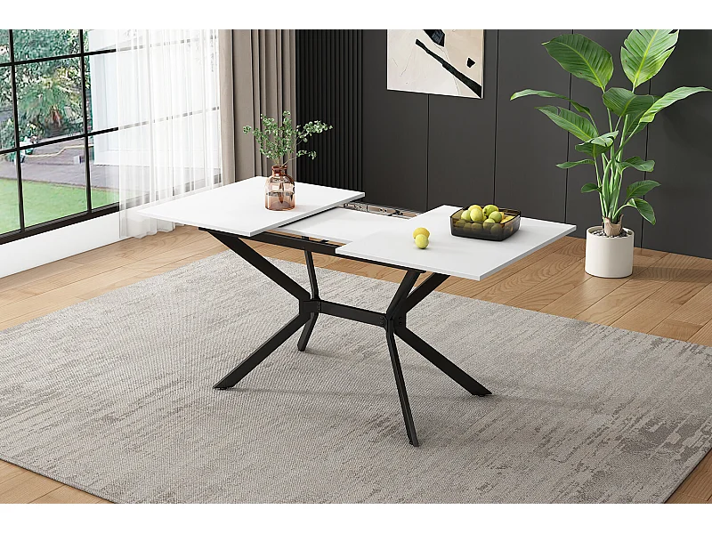 URBAN MEUBLE Table de salle à manger rectangulaire extensible blanche pieds noirs 120-160*80cm