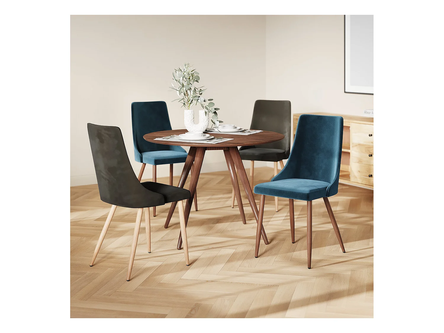 Pack 4 chaises en velours gris et bleu - Vinni