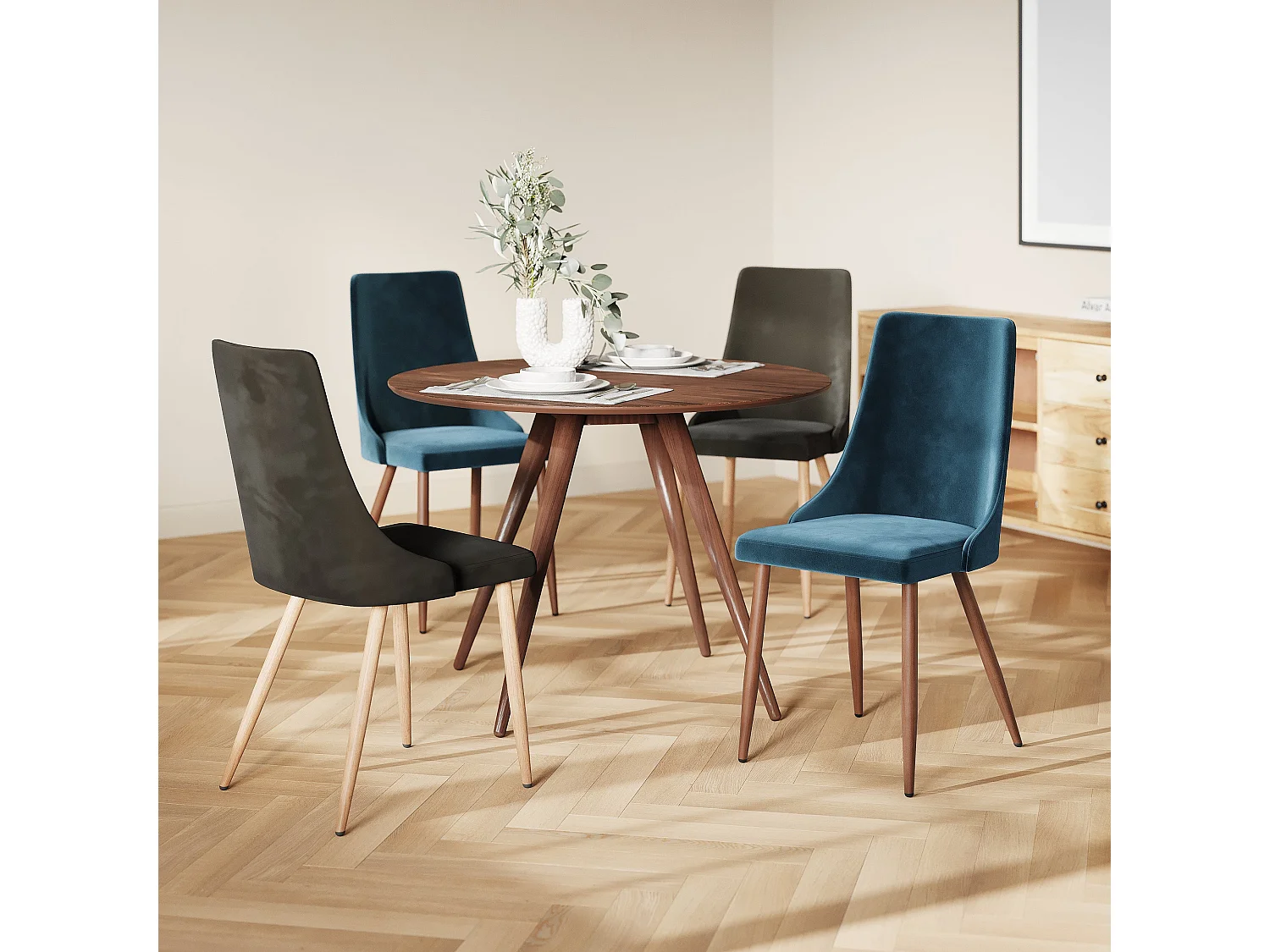 Set mit 4 Stühlen aus grau-blauem Samt - Vinni